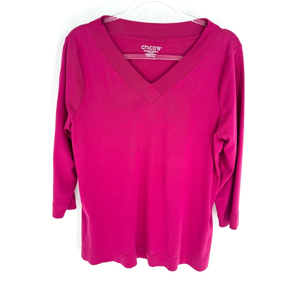 Chicos Pima Cotton V-Neck Top Magenta Pink 3/4 Sleeve Size 2 Large
